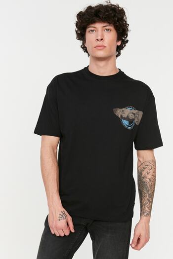 Trendyol Collection Koszulka typu oversize z nadrukiem Art. Czarna - Krótki rękaw, 100% Tekstylia TMNSS21TS3668