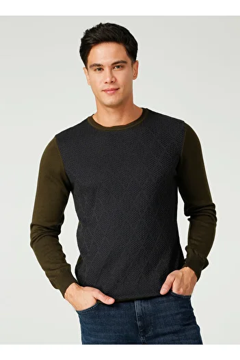 LİMON COMPANY Lemon Tesco Crew Neck Standard Fit Argyle Pattern Khaki Men's Sweater