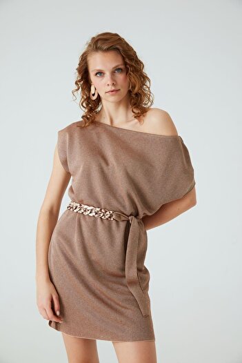 JOIN US Low Shoulder Belt Detailed Mini Knitwear Dress