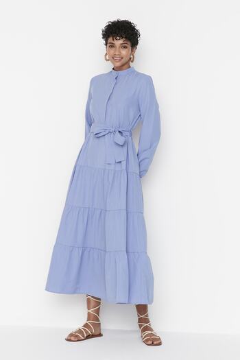 Trendyol Modest Πλεκτό φόρεμα με λεπτομέρεια με κουμπιά με ζωνές λιλά TCTSS21EL3343