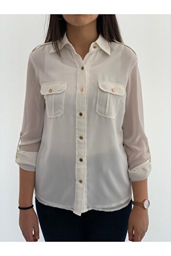 AYHAN Double Pocket Shoulder Detailed Blouse