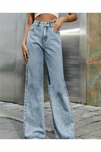 Livik Blugi Lipa Albastru Deschis Snow Wash cu talie super inalta cu picioare late din denim