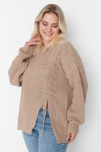 Trendyol Curve Beige Cross Lace Detailed Knitwear Sweater