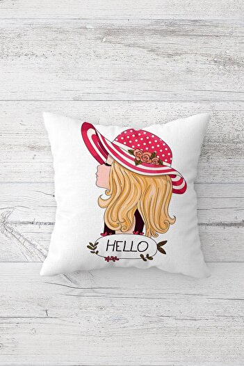 on the clouds Girl with Hello Written Hat Pattern One Side Print Hidden Zipper Pillowcase Throw Pillow Pillowcase