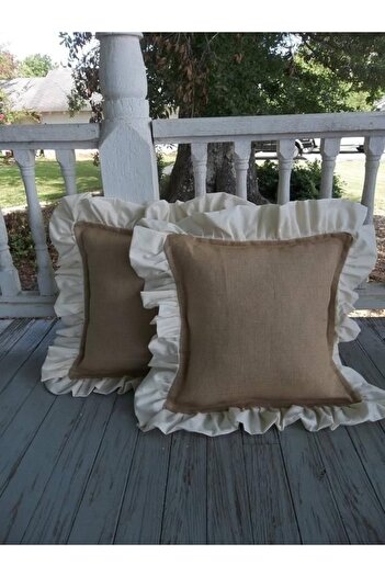 METİNEV Beige Linen White Frilly Kirlent Cover