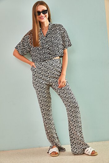 Bianco Lucci Women's Colorful Viscose Short Sleeve Shirt with Slit Trousers Top and Bottom Set