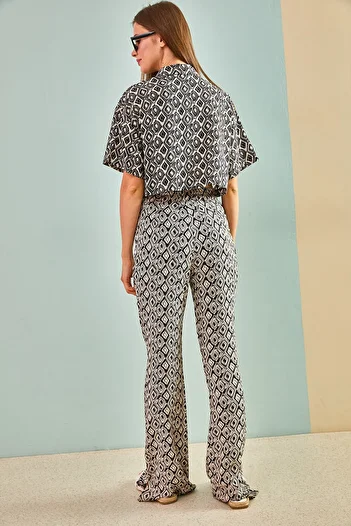 Bianco Lucci Women's Colorful Viscose Short Sleeve Shirt with Slit Trousers Top and Bottom Set