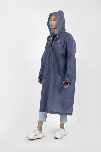 Polo55 Navy Blue Hooded Raincoat and Windbreaker with Snap Fasteners