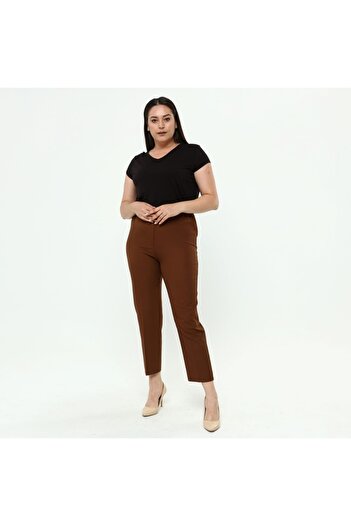 DİVAL Women's Tile Waist Elasticated Plus Size Dumbbell Fabric Trousers