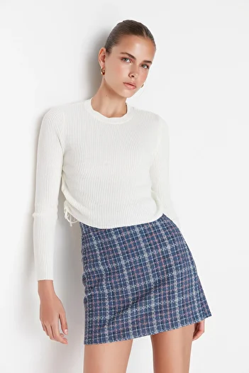 Trendyol Collection Indigo kostkovaná vzorovaná tvídová tkanina Mini tkaná sukně TWOAW23ET00017