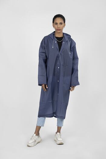 Polo55 Navy Blue Hooded Raincoat and Windbreaker with Snap Fasteners