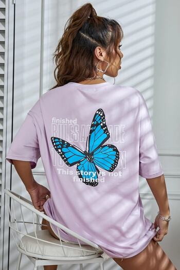 MODAGEN Women's Oversize Front Back Butterfly Printed Lilac T-shirt
