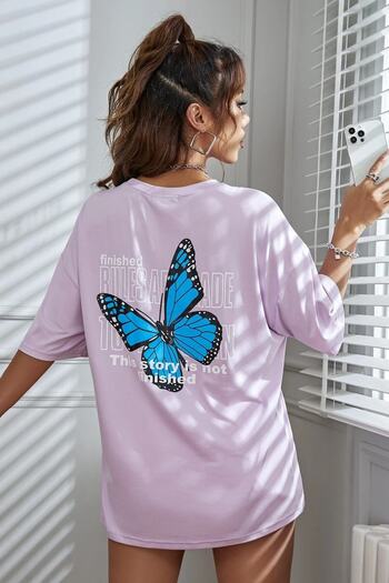 MODAGEN Women's Oversize Front Back Butterfly Printed Lilac T-shirt