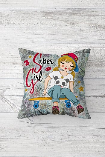 on the clouds غطاء وسادة بسحّاب مخفي مطبوع من جانب واحد من Super Girl غطاء وسادة للأريكة
