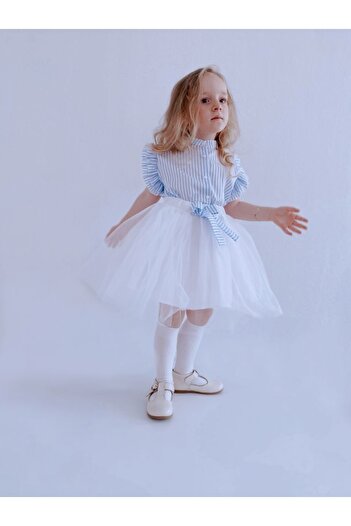 le petit sole Girl's Blue Striped Shirt and Tutu Skirt Set