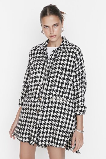 Trendyol Collection Oversize Black Tasseled Houndstooth Patterned Thin Jacket - Twoss20Mo0058