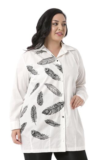 DISENTIS MODEST Large Size Feather Printed Half Balloon Mold Skirt Stitched Ecru Shirt