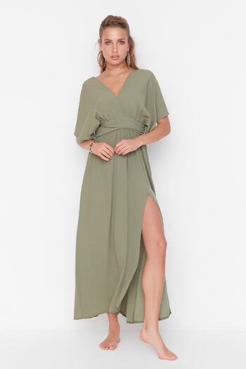 Trendyol Collection Maxi Khaki Woven Beach Dress with Accessories, Tbess21El1051