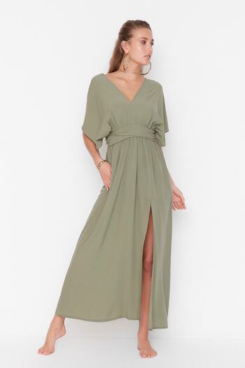 Trendyol Collection Maxi Khaki Woven Beach Dress with Accessories, Tbess21El1051