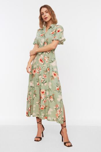 Trendyol Collection Multicolored Belted Floral Print Maxi Viscose Woven Shirt Dress TWOSS19EL0094