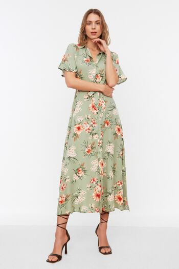 Trendyol Collection Multicolored Belted Floral Print Maxi Viscose Woven Shirt Dress TWOSS19EL0094