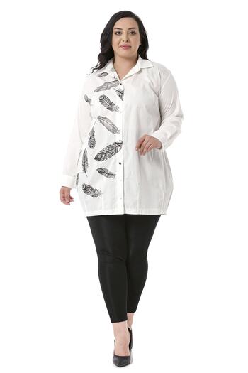 DISENTIS MODEST Large Size Feather Printed Half Balloon Mold Skirt Stitched Ecru Shirt