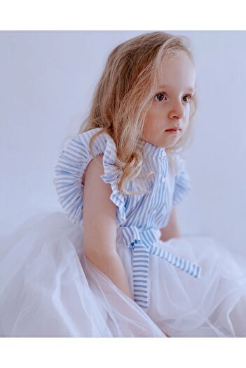 le petit sole Girl's Blue Striped Shirt and Tutu Skirt Set