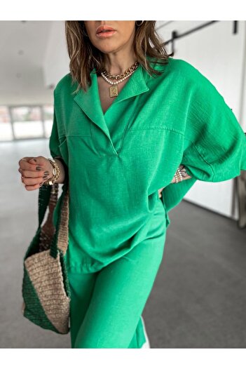Laluvia Grasgrüner Leinensatz mit Schlitz an den Beinen
