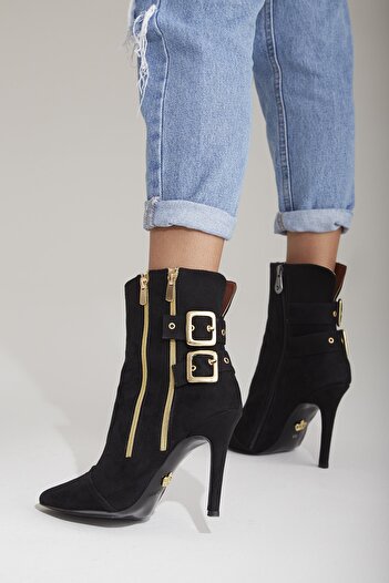 AYAKKABI PRENSİ Oasis Buckle Detailed Black Suede 10 cm Women's Boots & Bootie, High Heels