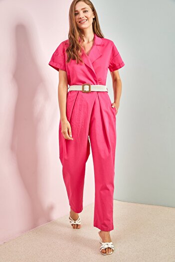 Bianco Lucci Women's Belted Thin Gabardine Jumpsuit 20162