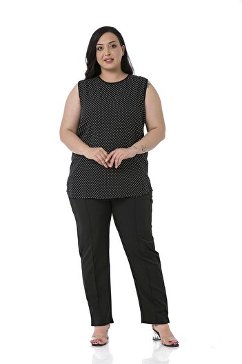 DISENTIS MODEST Large Size Narrow Leg Ribbed Stitching Black Women's Trousers with Slit and Zipper