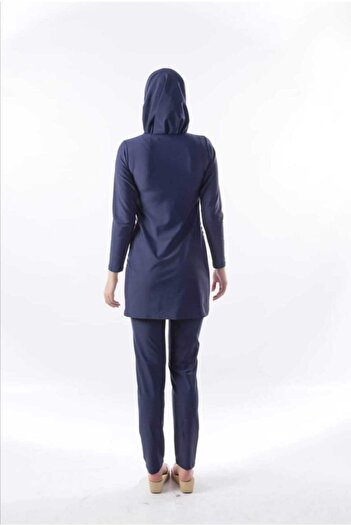 Seamark Navy Blue Disc Patterned Hijab Swimsuit (Bone and Scarf is Turquoise.)