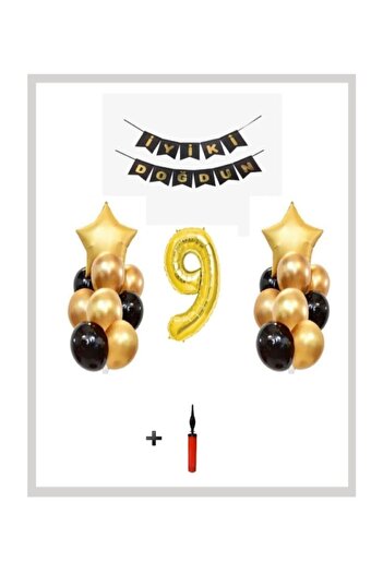 Şeker Adası 9 Years Old Gold Gold Foil Balloon Party Set and Gift Balloon Pump - Skradaparti189