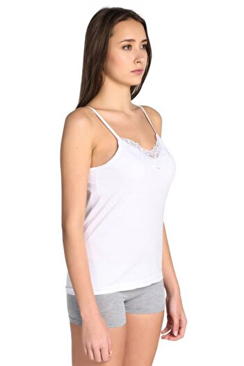 Tutku Women's White Large Size Ribbed Rope Strap Laced Undershirt 6-Piece Economical Pack 0139
