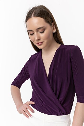 Laranor Mürdüm Alttan Çıtçıtlı Kruvaze Yaka Truvakar Kol Bluz&body
