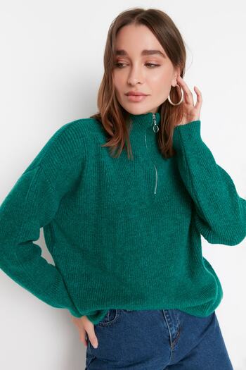 Trendyol Collection Pulover tricotat cu fermoar cu textura moale verde TWOAW20XS0009