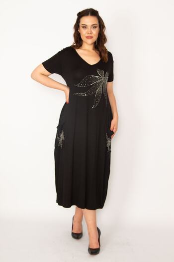 Şans Women's Large Size Black Stone Detailed V-Neck Viscose Dress 65n33183