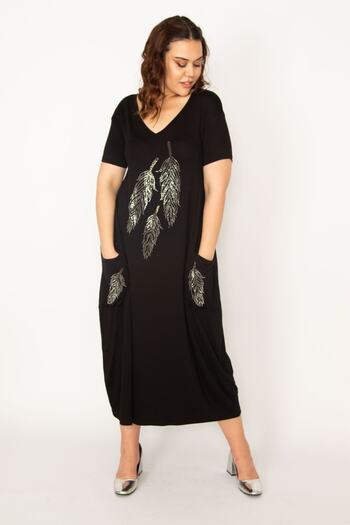 Şans Women's Large Size Black Stone Detailed V-Neck Viscose Dress 65n33184