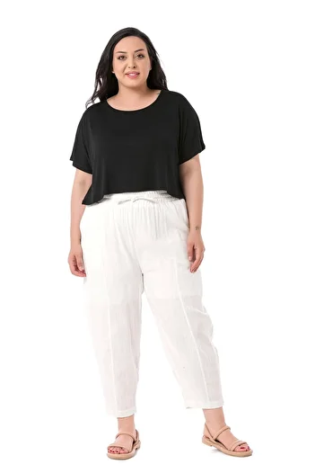 DISENTIS MODEST Large Size Half Baggy Lined Women's White Trousers with Pockets, Elastic Waist and Drawstring