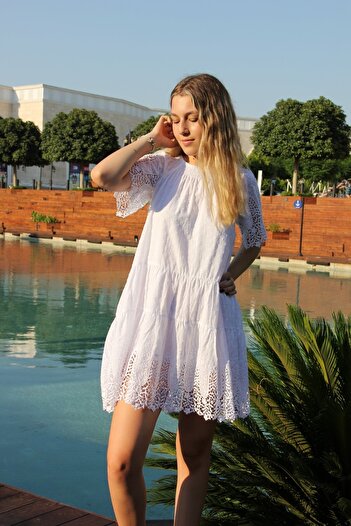 Bohemian Kadın Beyaz Madonna Yaka Brodeli Romantik Naturel Elbise