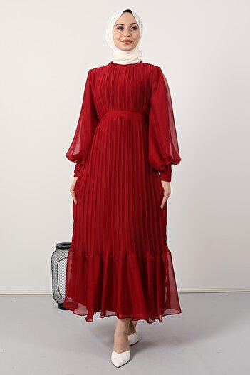 Giza Giyim Pleated Janjan Evening Dress Red