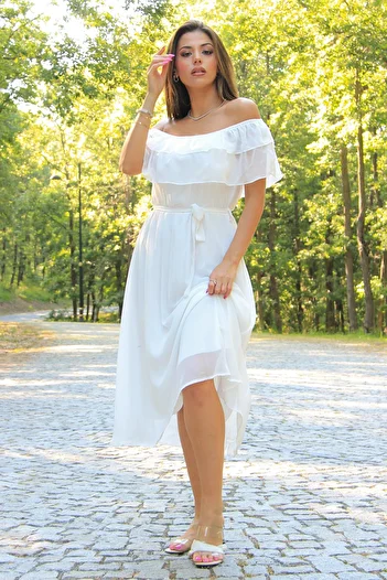 Neşeli Butik Γυναικείο Μίντι Μήκος Νέας Σεζόν Φόρεμα σιφόν με διπλό γιακά με μανίκι άγγελο Ry8081