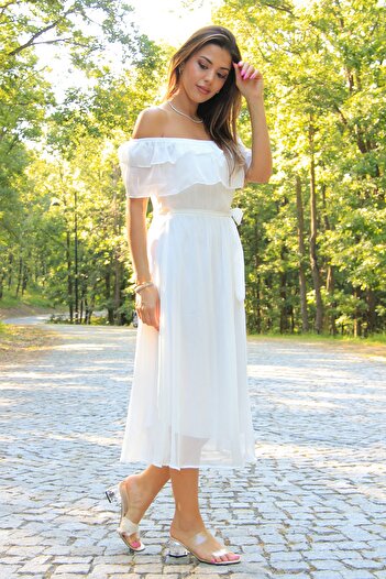 Neşeli Butik Γυναικείο Μίντι Μήκος Νέας Σεζόν Φόρεμα σιφόν με διπλό γιακά με μανίκι άγγελο Ry8081