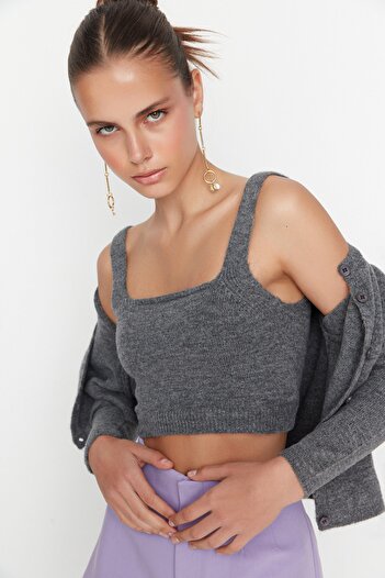 Trendyol Collection Anthracite Crop Soft Texture 2-Piece Blouse-Cardigan Knitwear Set Twoaw21Hi0107