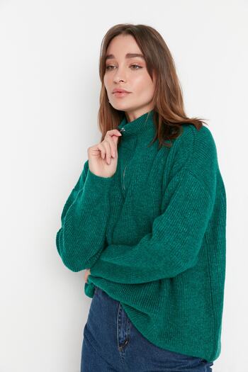 Trendyol Collection Pulover tricotat cu fermoar cu textura moale verde TWOAW20XS0009