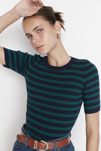 Trendyol Collection Navy Blue Basic csíkos kötöttáru pulóver TWOSS20KZ0075