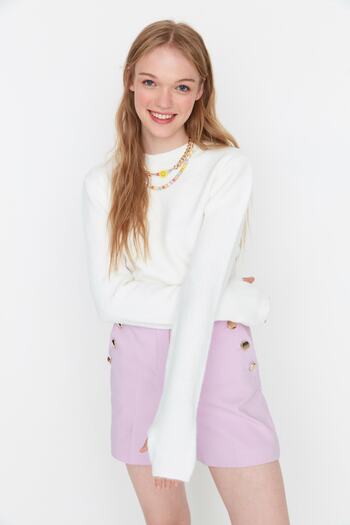 Trendyol Collection Pulover Ecru Crop Soft Texturat Tricotaj TWOAW23KZ00730