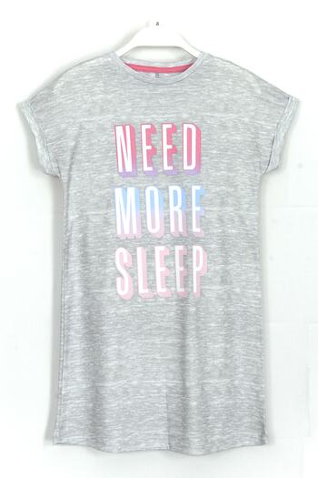 DobaKids Double Sleeve Need More Sleep Slogan Print Summer Girl Gray Color Nightgown