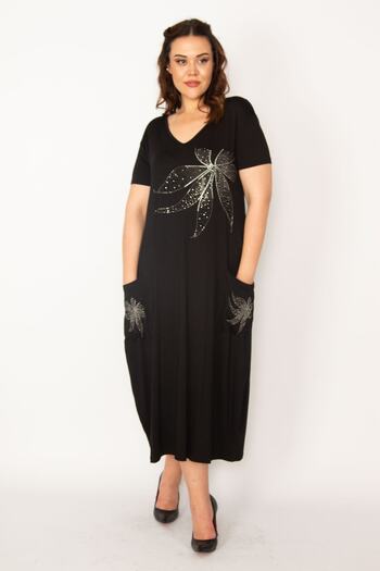 Şans Women's Large Size Black Stone Detailed V-Neck Viscose Dress 65n33183