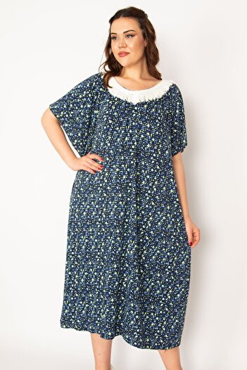 Şans Women's Large Size Navy Blue Lace Collar Comfortable Cut Long Viscose Dress 65n33206